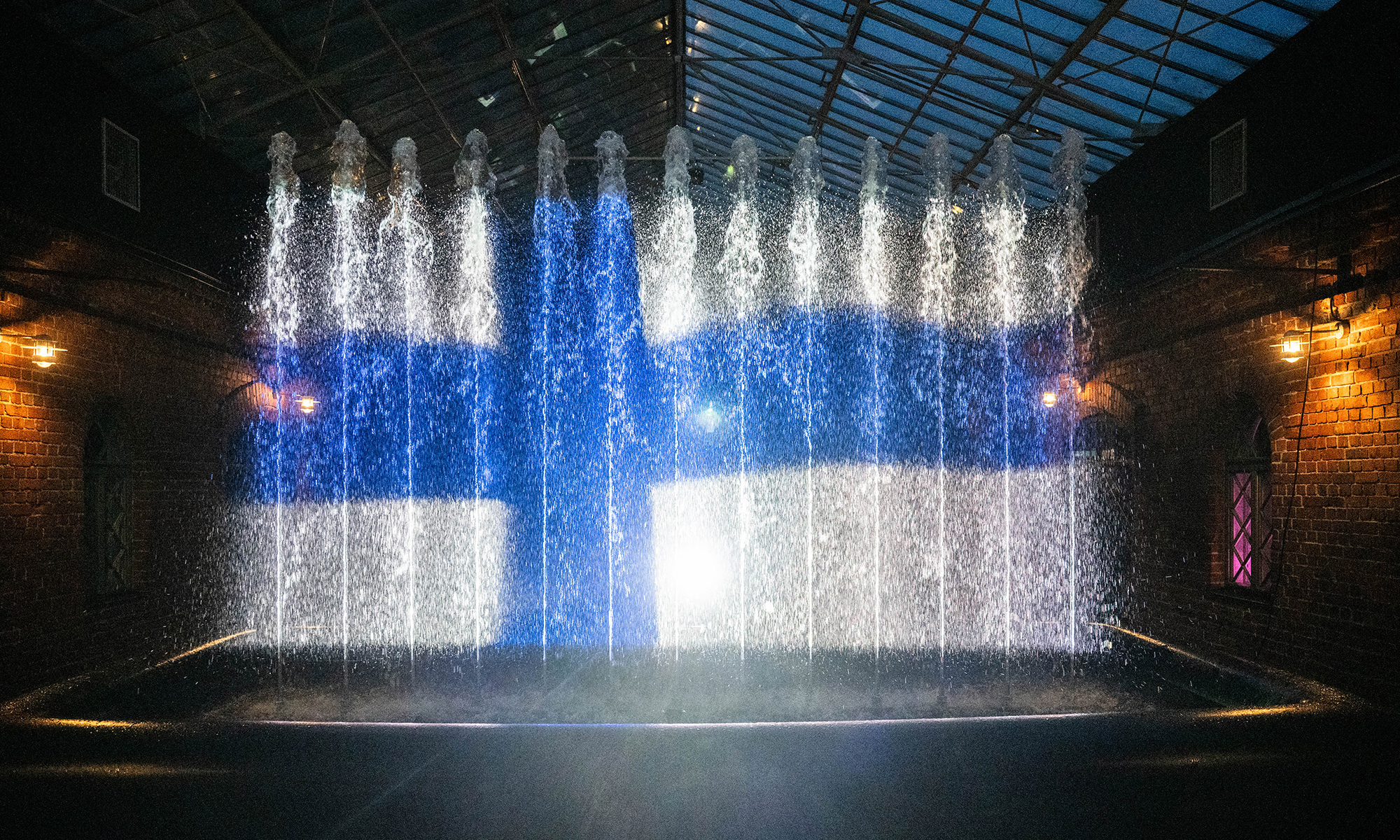 Water projection – Finnish flag on a water screen
